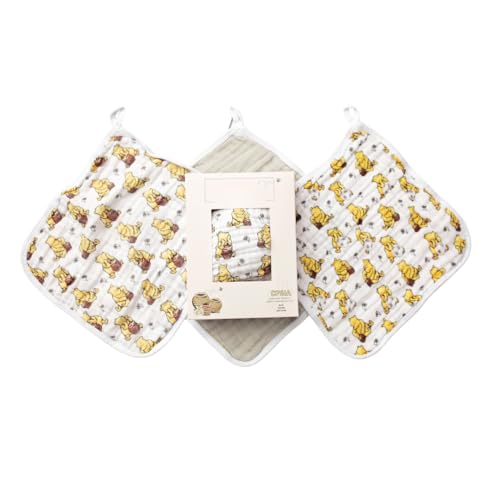Image of Sugar Lily's Classic Pooh Muslin Cotton Washcloth Set, Soft, Durable, Classic Pooh + Soccer Ball Design, Grey with White Trim, 3pc