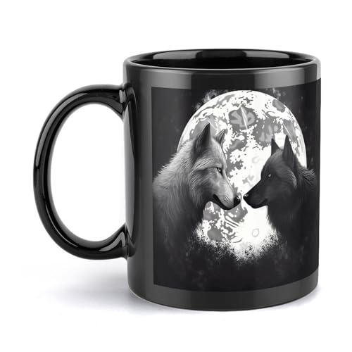Image of VstaDank Wolves Love Under The Moon Wild Animal Mugs for Men Women Modern Black Camper Mug Funny Ceramic Coffee Cup with Handle Novelty Cute Travel Cups & Tea Cups for Home Office Party 12 Oz