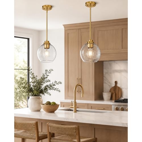 Image of 2-Pack Pendant Lights Kitchen Island, 7 inch Modern Brushed Gold Hanging Lights Fixtures with Clear Seeded Glass Globe Shade, Kitchen Island Lighting for Bathroom, AD-22280-1P2-GD-S