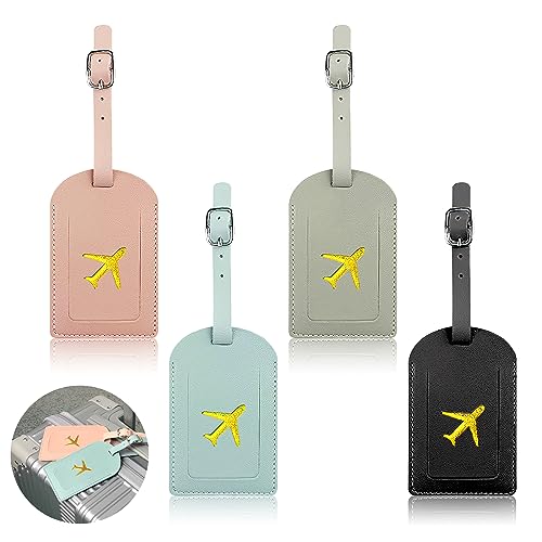 4PCS Leather Luggage Tags,Personalised Durable Travel Tags, Suitcase Identifier Labels, Adjustable Bag Tags with Privacy Protection Cover, Luggage Labels for Varied Bags, Gift Option