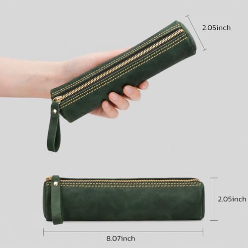Image of ECHSRT Vintage Leather Pencil Case for Men & Women | Classic Cylinder Pen Holder | Genuine Crazy Horse Leather Pouch | Full-Grain Cowhide Organizer for Work, College, Travel (Green)
