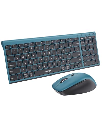 Image of seenda COE401 Wireless Keyboard and Mouse Combo, 3-Device, Black Blue | Rechargeable slim combo connects with 3 devices; quiet use for Windows, Mac, PC, laptop, MacBook and iPad