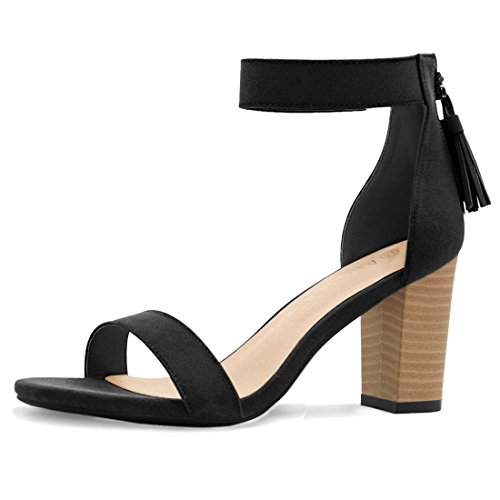 Women's Open Toe Tassel Block Heel Ankle Strap Sandals Black / 7