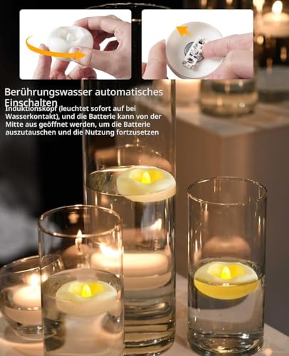 Auemaniliy 12 Stück 5,1cm LED schwimmKerze, 200 Stunden wasserdichte warmweiße batteriebetriebene schwimmende Teekerze für romantisches Hochzeitszentrum/Bad/Pool/Brunnen
