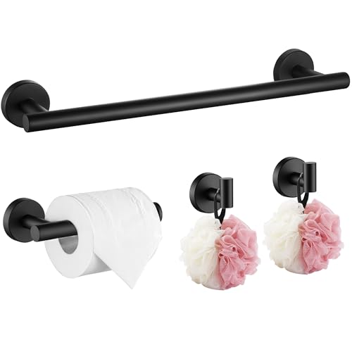 Hoomtaook Accesorios Baño 4 Piezas, Toalleros de Baño de Pared, Kit de Accesorios Baño incluir 30cm Toallero, 2 Gancho Toalla Baño y portarrollos Papel Higiénico, Negro