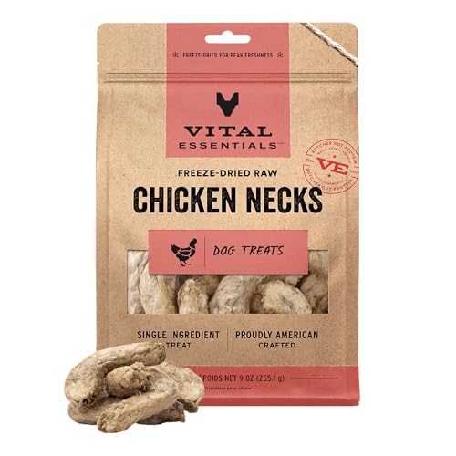 Image of Vital Essentials Freeze Dried Raw Chicken Necks Dog Treats | Single Ingredient | Premium Quality | Grain Free Treats for Dogs, 9 oz Bag