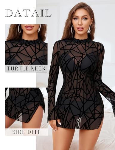 Avidlove Mesh Mini Dresses for Women Bell Sleeves Bodycon Turtle Neck Split Lingerie Dress Vacation Party Outfits Clubwear2
