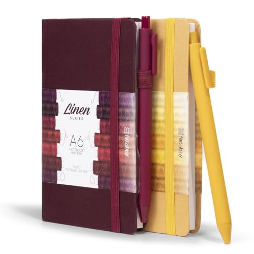 Image of Kitabby Linen Series A6 Hardbound Notebook - Maroon + Mustard Yellow | 192 Pages,80 gsm Natural Shade Paper, Linen Fabric Cover, Elastic Closure - Pack of 2