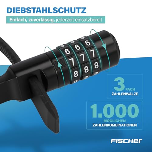 FISCHER Fahrradschloss, Kabelbinderschloss Spezialschloss mit Zahlenschloss, für Fahrrad, Helm oder Skifahren, schwarz, Länge: 53 cm