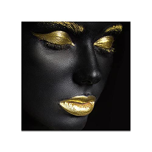Tableau d'art africain Femmes dorées et noires Contemplator en toile 80x80cm sans cadre pour salon
