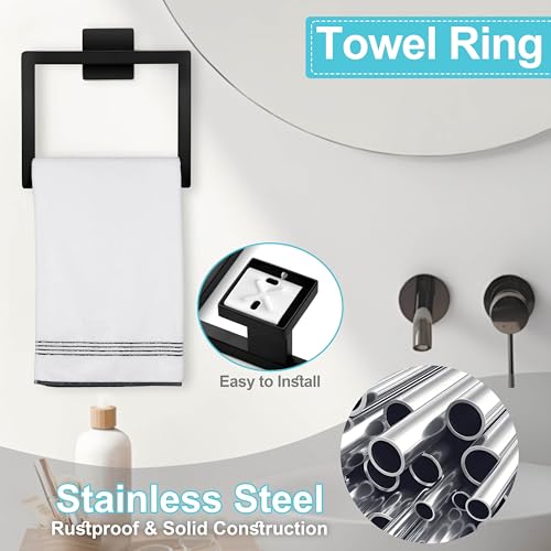 Herogo Matte Black Bathroom Hardware Set 5 Pieces, 16 Inch Bathroom Accessories Bath Towel Bars Set, Including Stainless Steel Toilet Paper Holder, Hand Towel Holder Racks, Hooks & Ring, Wall Mounted - Thumbnail 3