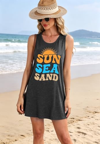 Image of Summer Tank Dress for Women Sunset Palm Tree Beach Vacation Cover Up