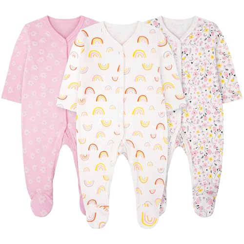 Vicloon Pyjama Bébé Fille, 3PCS Dors Bien Manches Longues Bébé, 100% Coton Combinaison avec Pieds Bébés, Nouveau-Né Vêtements Fille 9-12 Mois