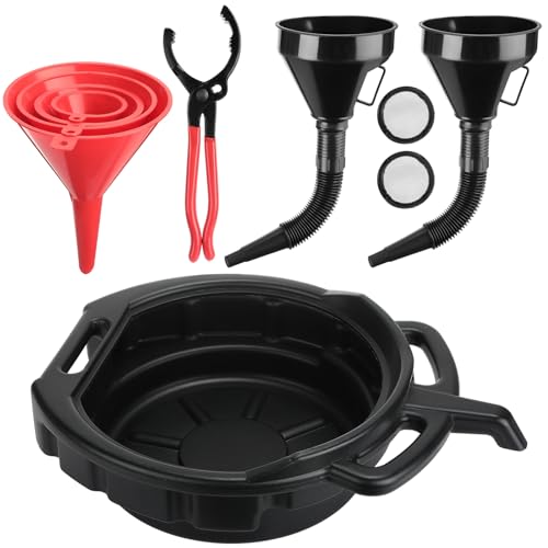 Datanly 8 Pcs Automotive Oil Funnel Set Include 4 Wide Mouth Flexible Funnel with Handle 2 Plastic Large Funnels Adjustable Oil Filter Wrenches Drain Pan for Cars and Motorcycles
