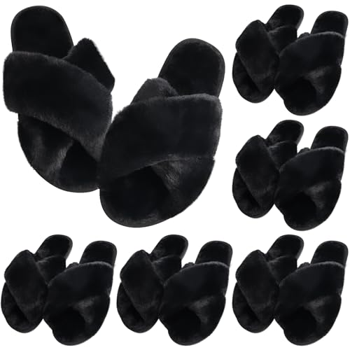 Image of VAIPI 6 Pairs Womens Cross Band Slippers Fuzzy Plush House Bridesmaid Slipper White | Black | Pink Open Toe Fluffy Slipper Soft Warm Bridal Slippers