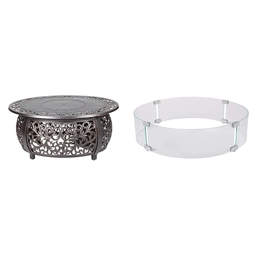 Fire Sense 62198 Toulon Filigree Aluminum Convertible Gas Fire Pit Table 55,000 BTU Outdoor Multi-Functional & 64009 Gas Fire Pit Wind Guard Tempered Round Clear Glass Best Flame Viewing Experience