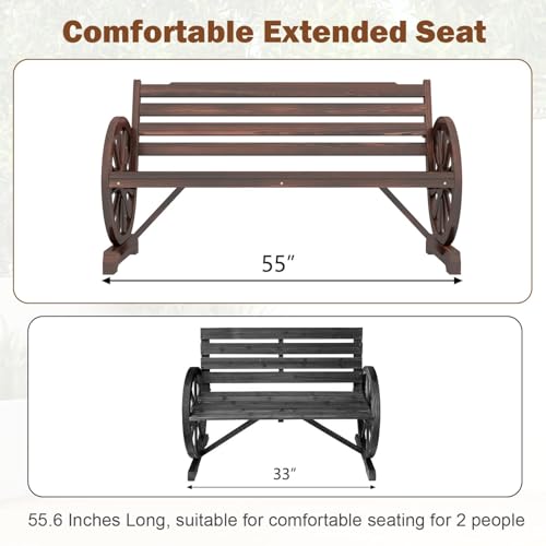 Image of kinbor 55 inch Wooden Rustic Wagon Wheel Bench, Outdoor Bench Seat, Backrest