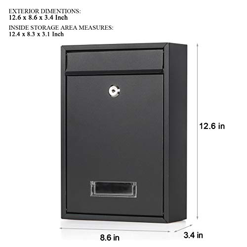 Image of Jssmst Locking Mailboxes Wall Mounted Vertical Key Lock Drop Mail Box Medium Capacity Galvanized Steel Cover Rust-Proof Metal Post Box, 12.6 x 8.6 x 3.4 Inch, Black Matt, SM-0601LM
