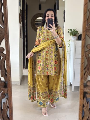 Image of ANNI Designer Kurta Sets for Women Viscose Printed | Kurti Set for Woman | Straight Kurta Narrow Farshi Salwar Dupatta Set | 3 Piece Set Women | Round-Neck 3 /4 Sleeve Regular Stylish Ethnic Outfit
