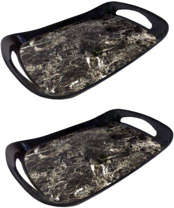 Printed Melamine Serving Tray Set for Tea Snacks and Dining Table (Black and Gray) (Pack of: 2, Size 30 x 19 x 2 Centimeters)