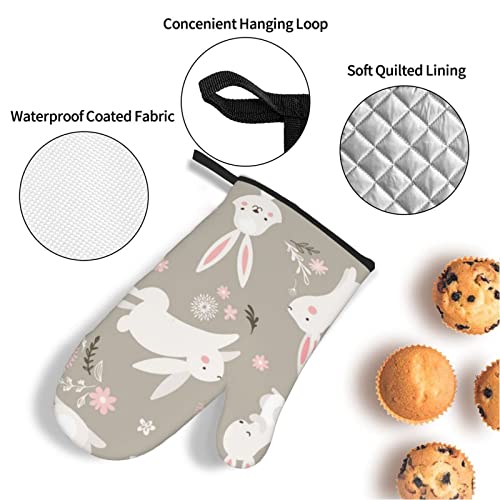 Easter Bunny Floral Printed Oven Mitts And Pot Holders Set Of 4 Heat Resistant Non-Slip Waterproof Oven Gloves For Grilling Bbq Cooking Baking Kitchen Microwave Pizza #TOP4