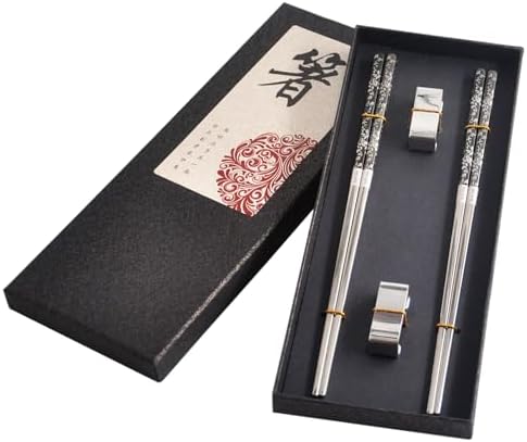 Elegant Metal Chopsticks Reusable Set with Holder - SUS 304 Stainless Steel Chopsticks, Dishwasher Safe, Non-Slip Design, Luxury Gift Boxed Pair