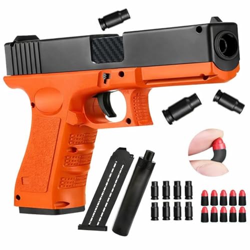 Image of Toy Gun Glock 18 Style Orange and Black | Includes Magazine, Silencer, Shell Casings, Soft Bullets, 12 Years and Up, Shell Ejection Feature