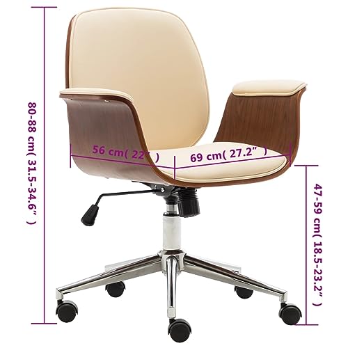 vidaXL Cream Artificial Leather Office Chair with Bent Wood Frame and Adjustable Height - Comfortable Seating for Workplace or Home Office3
