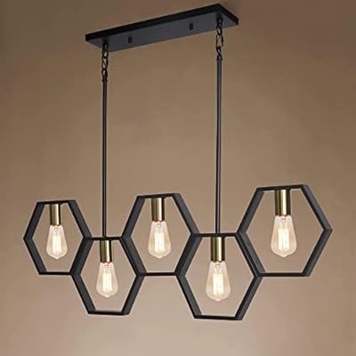 ACNKTZ 5-Light Dining Room Light Fixtures Over Table, Industrial Kitchen Island Lighting, Adjustable Height Hanging Rectangular Chandelier, Modern Pool Table Lights, Black/Gold Finish