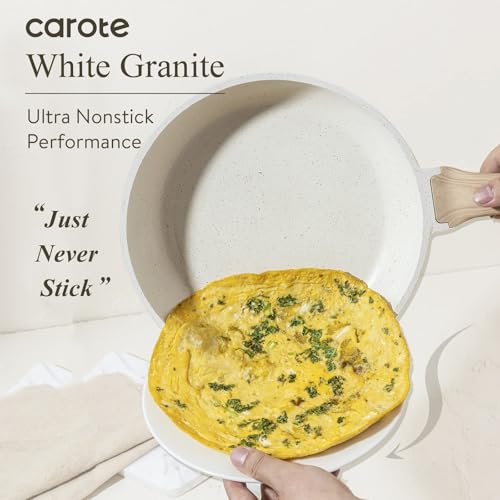 Image of CAROTE Non Stick Frying Pan Skillet, Omelet Pan, Healthy Non Toxic Granite Chef Pan, Induction Compatible Egg Frying Pan with Heat-Resistant Handle, PFOA-Free, Cream White, 12 inch