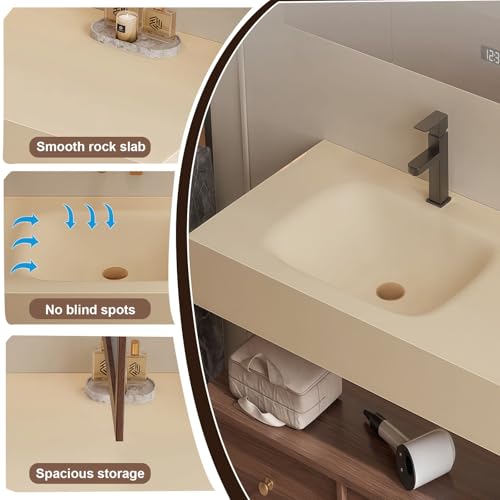 Modern Wall Mounted Floating Bathroom Vanity with Integrated Ceramic Sink, No Assembly Required, Hanging LED Intelligent Lighted Sensor and Demisting Mirror, Cabinet Spaces, 3 Soft Close Drawers