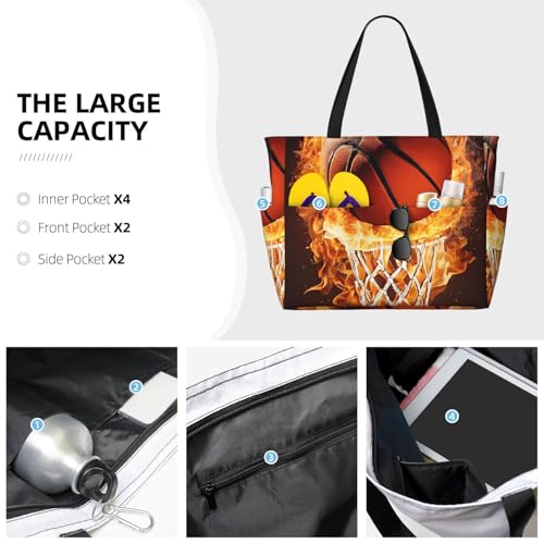 (Basketball) Large Beach Tote Bag for Women Waterproof Sandproof Travel Shoulder Bag with Pocket for Pool Vacation Weekend Gym3