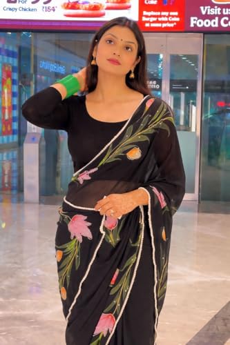 Image of Arkia Women's Hand Embroidered Hand Painted Floral Georgette Saree with Blouse, Red Georgette with Pink Tulip Design and Stone Work