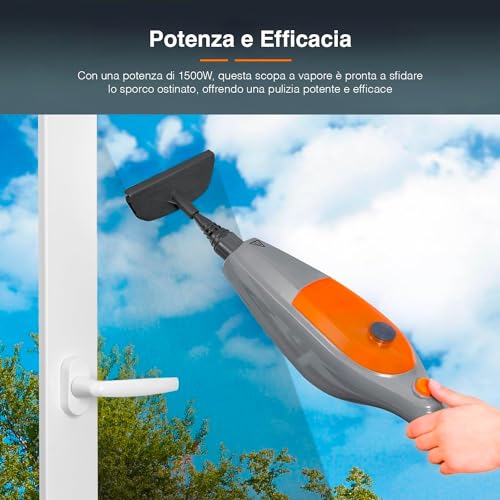 Dampfreiniger mit 9 Werkzeugen, ideal für Teppiche, Dampfreiniger für hartnäckigen Schmutz und 9 Zubehörteile, 0,3 l, 1500 W, grau und orange