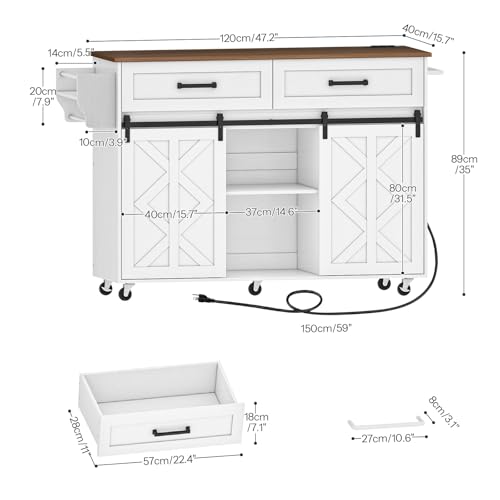 HOOBRO-Kitchen-Island-with-Power-Outlet-Rolling-Kitchen-Island-with-Barn-Doors-Kitchen-Cart-on-Wheels-Kitchen-Island-Table-with-Drawers-Open-Shelves-for-Kitchen-White-and-Walnut-WH28UZD01 HOOBRO Kitchen Island with Power Outlet Rolling Kitchen Island with Barn Doors Kitchen Cart on Wheels Kitchen Island Table with Drawers Open Shelves for Kitchen White and Walnut WH28UZD01