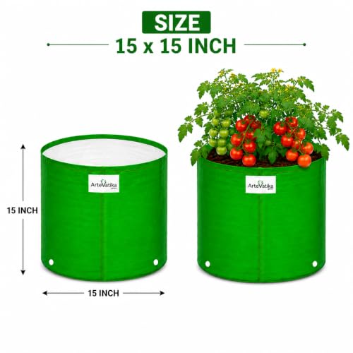 Image of Grow Bags for Terrace Gardening, Premium HDPE Green-Orange Large Planters for Fruit Trees, Vegetables, Flowers & Home Garden Pack of 7(15x15)