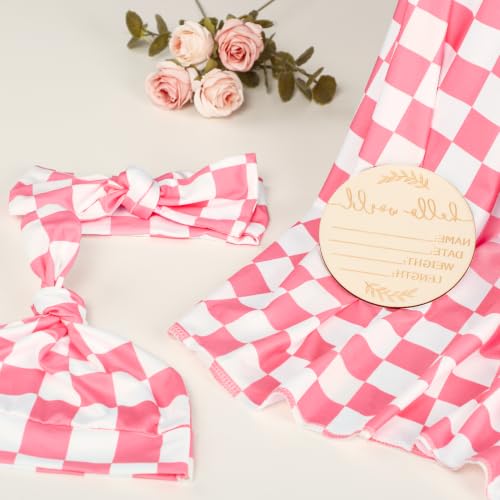 Image of TANOFAR 4-Pack Newborn Swaddle Blanket for Baby Girls & Boys, Ultra Soft Receiving Blankets with Matching Headband and Beanie Set Baby Nursery Swaddle Wrap, Pink Checkerboard