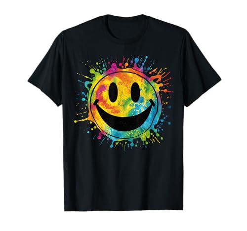 Retro Happy Face Rainbow Tie-dye Splatter – 70s Peace Smile T-Shirt
