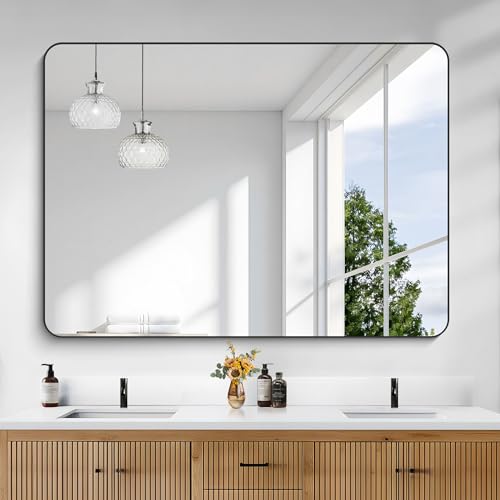 Image of KOCUUY Black Bathroom Mirror 55 inchx40 inch, Large Vanity Mirror with Rounded Corner, Metal Black Frame with Mordern Design for Bathroom, Living Room, Entryway, Hang Horizontal /Vertical