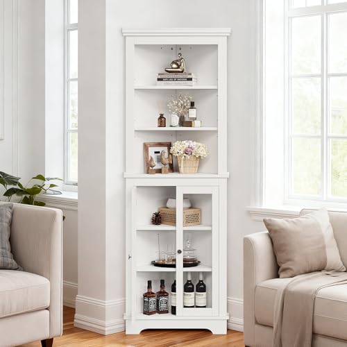 GAOMON Corner Cabinet,65" Tall Modern Corner Bathroom Storage Cabinet with Glass Doors & Adjustable Shelves,5-Tier Display Cabinet,Home Space Saver fo