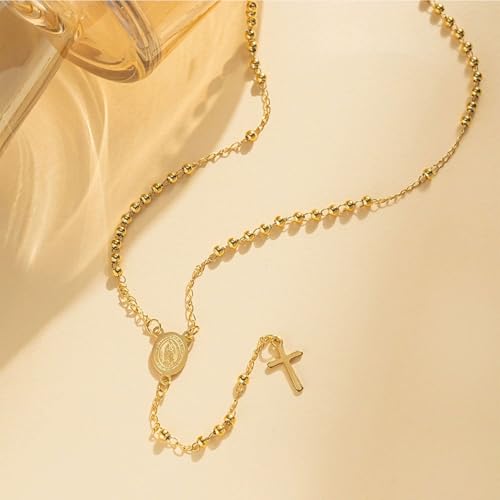 Gold Virgin Mary Rosary Necklace for Women Men Rosary Bead Cross Necklace Catholic Pendant Necklace Religious Trendy Jewelry Gifts4