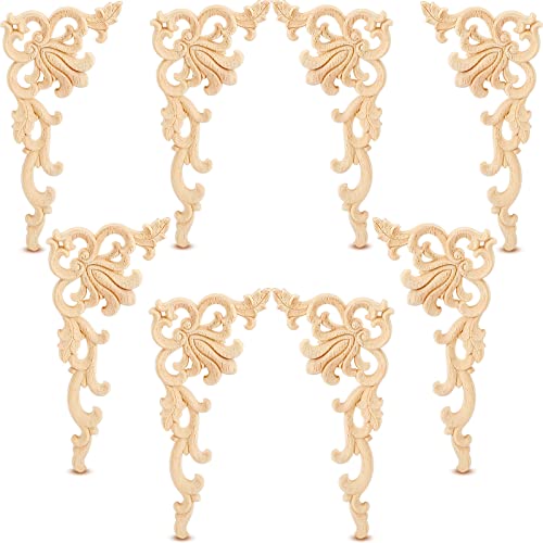 Image of Yulejo 8 Pcs Wood Appliques and Onlays for Furniture, Unfinished Wooden Appliques Corner Trim, Decorative Wood Carved Applique DIY Paintable Decorative Molding for Cabinet Door Mirror Bed Wardrobe