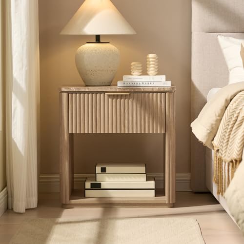 Image of 3 Sided Fluted Nightstand with Faux Marble Top, Modern Bedside Table | End Tables Bedroom, Night Table, FSC-Certified, 1 Drawer & 1 open Shelf, Rounded Corner, Metal Handle, Natural Oak