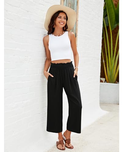 GRAPENT Capri Pants for Women High Waisted Wide Leg Linen Palazzo Trousers Pull On Elastic Smock Waist Loose Flowy Pants3