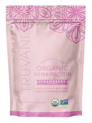 Truvani Organic Whey Protein Powder | Strawberry | 20g Grass Fed Whey Protein | 20 Servings | USDA Organic & Non-GMO | Gluten Free | No Gums No Soy No Stevia No Added Sugars