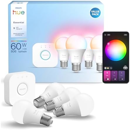 Philips Hue Essential Kit de démarrage avec Bridge + 4 ampoules c...
