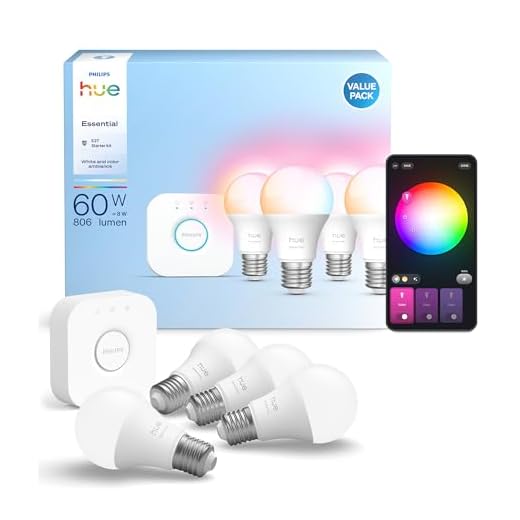 Philips Hue Essential Kit de démarrage: Bridge + 4 ampoules connectées E27 Essential, White and Color Ambiance, 2200-6500 K, compatible Alexa, Google Assistant, Samsung SmartThings, Apple Home