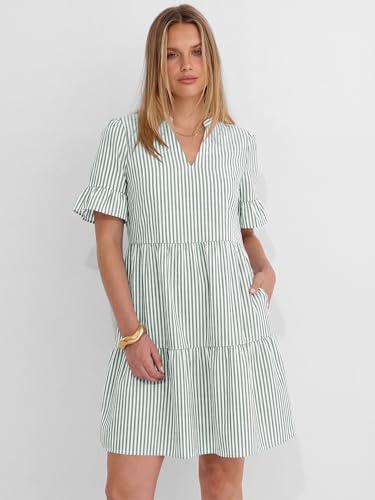 Image of Caracilia Dresses for Women Summer 2026 Striped V Neck Ruffle Sleeve A Line Tiered Flowy Casual Mini Beach Dress with Pockets