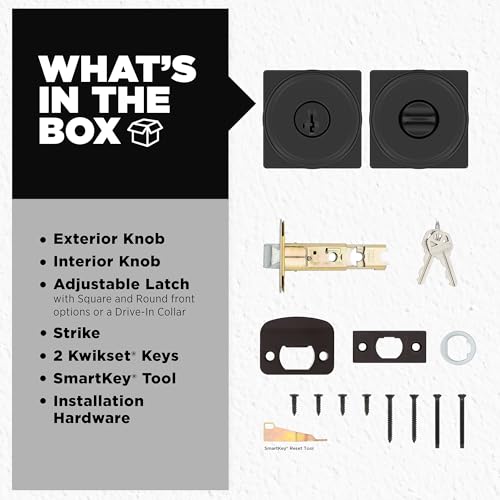 Image of Kwikset Maven Entry Door Knob with Lock and Key, Secure Keyed Handle Exterior, Square Front Entrance and Bedroom, Matte Black, Pick Resistant SmartKey Rekey Security and Microban (Pack of 4)