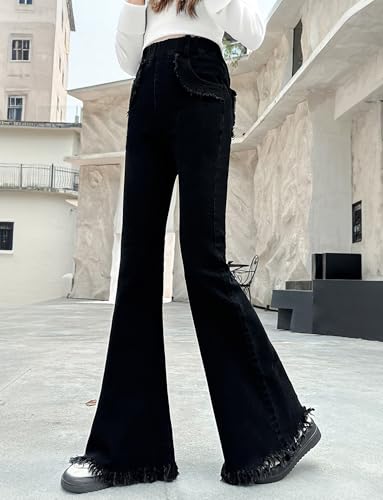 SEAUR Girls Flared Denim Jeans Kids Elastic High Waist Washed Bell Bottoms Pants Baggy Trousers2